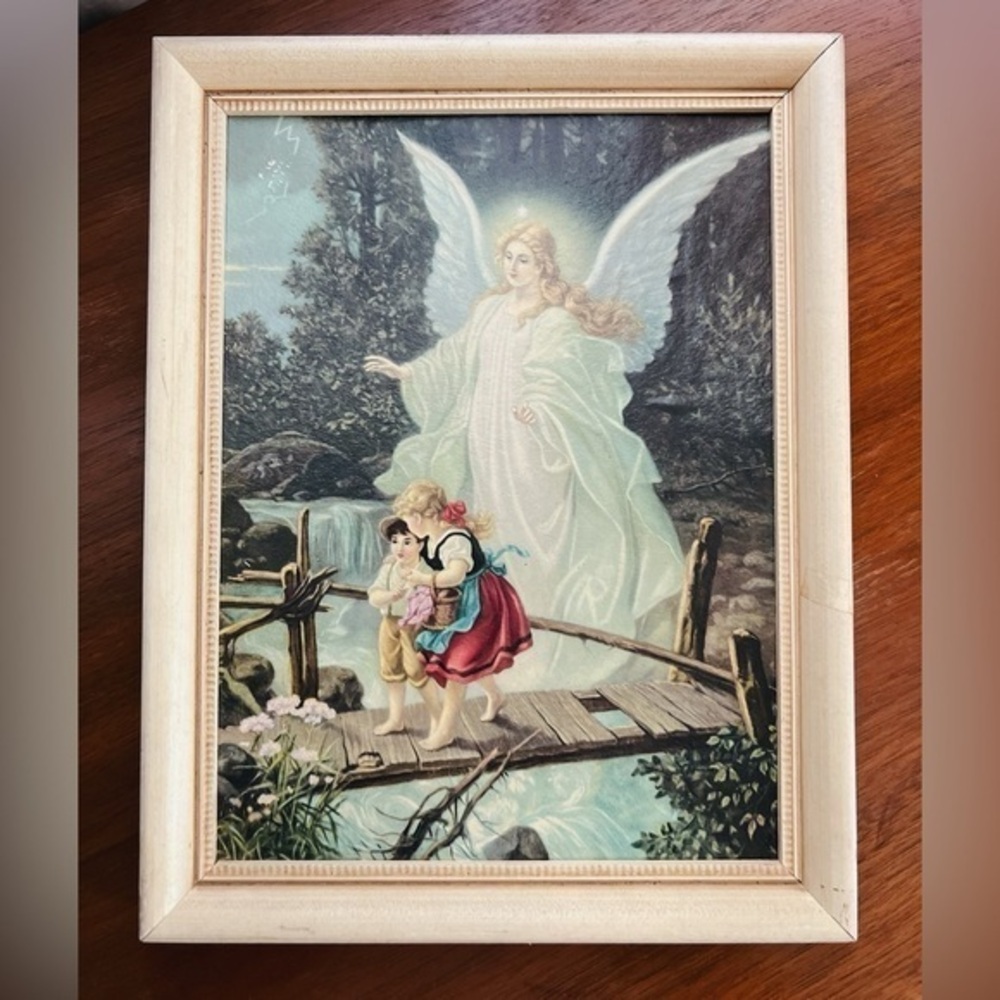 Vintage Guardian Angel with Children on the Bridge Framed Print